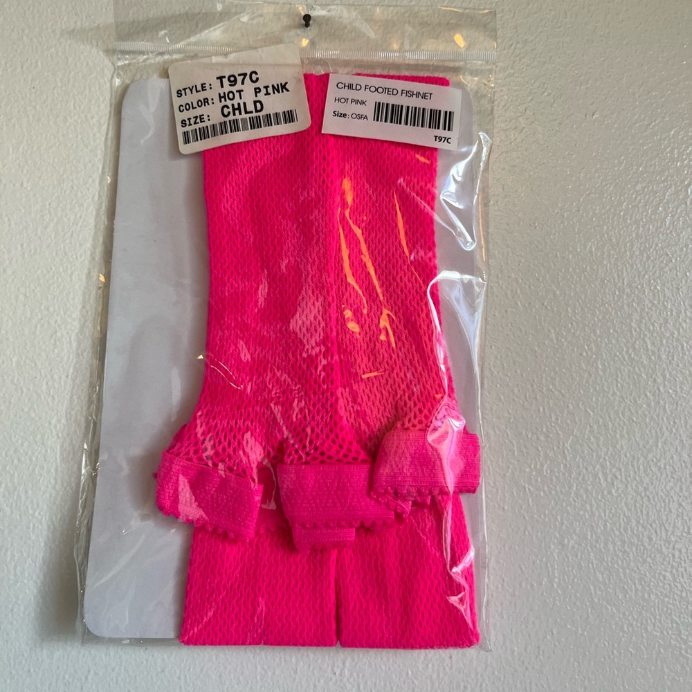 Child OS, hot pink, fishnets, NWT, footed, never worn, original packing, costume